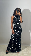 Robe longue noir à pois blanc
