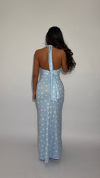 Robe bleu longue dos nu à pois